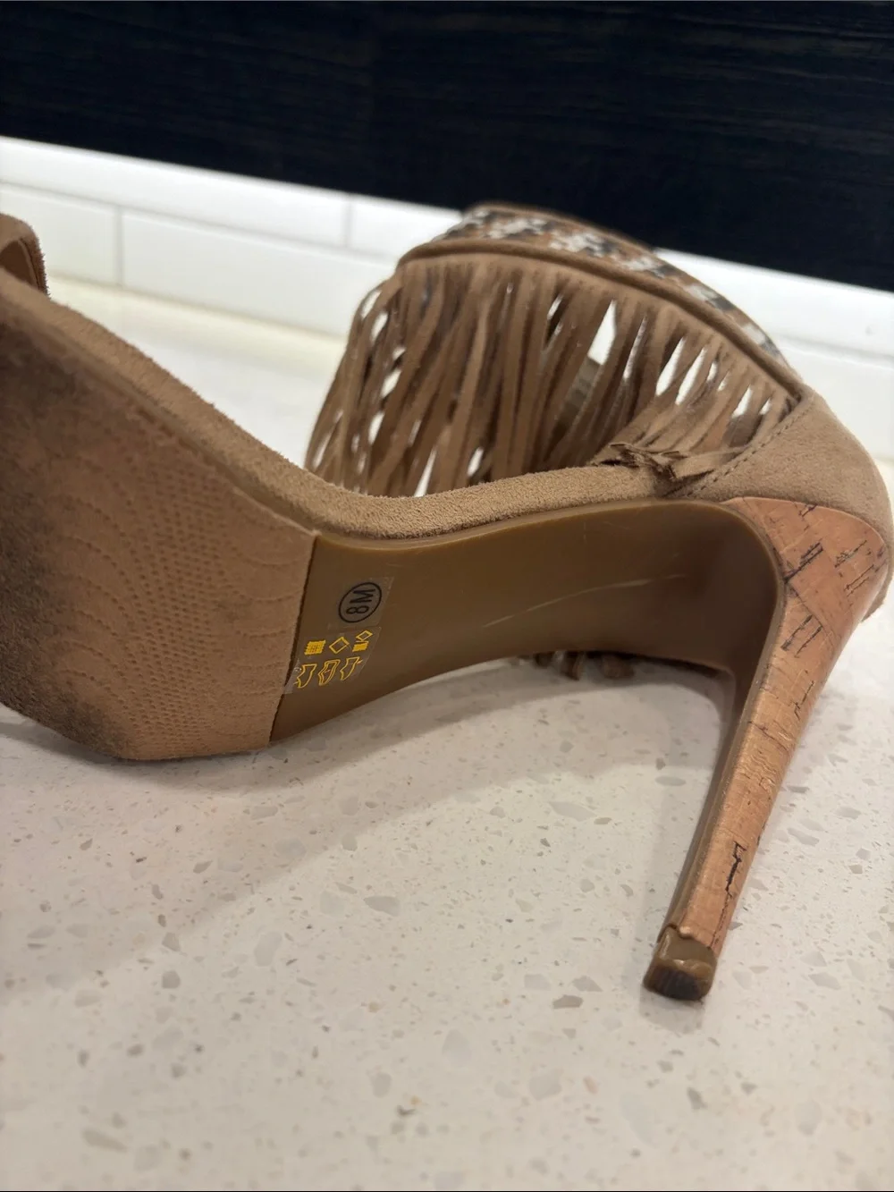 Chinese Laundry Taupe Fringe Ankle-Wrap Heels with Woven Accent
